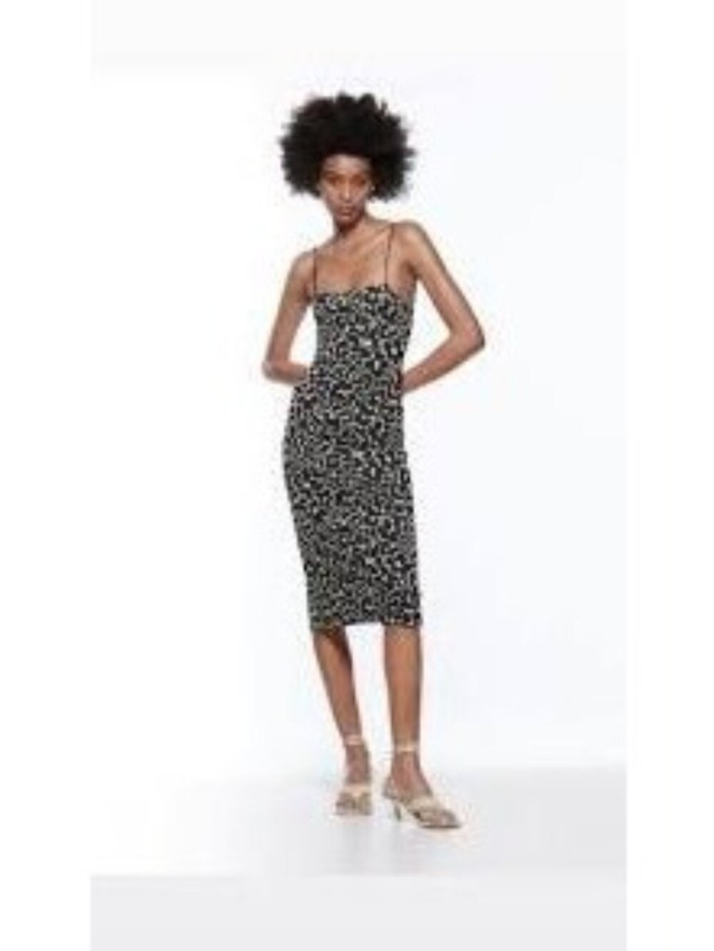 Zara Slip Dress Size Small Black Beige Floral Midi Adjustable Spaghetti Straps